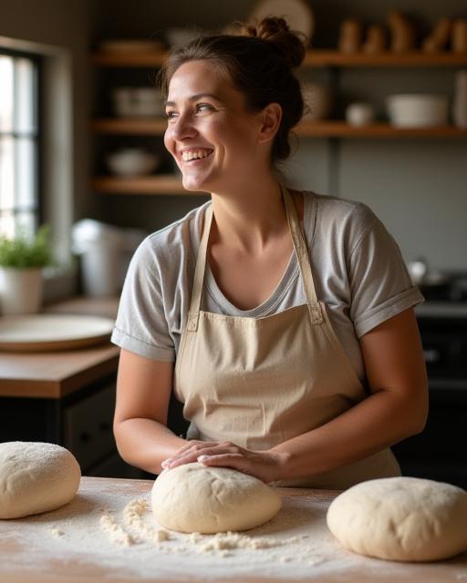 Founder of Highland Hearth kneading sourdough, smiling.
