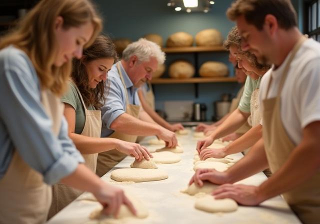 A group of people happily learning to score bread during a hands-on baking workshop session.